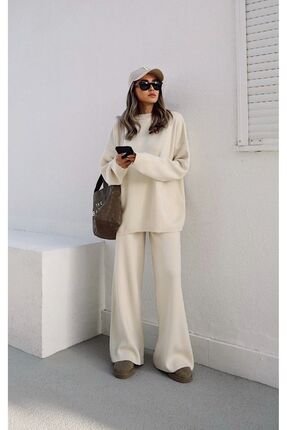 Kadın Krem Bisiklet Yaka Beli Lastikli Geniş Paça Relax Triko Takım Image 0