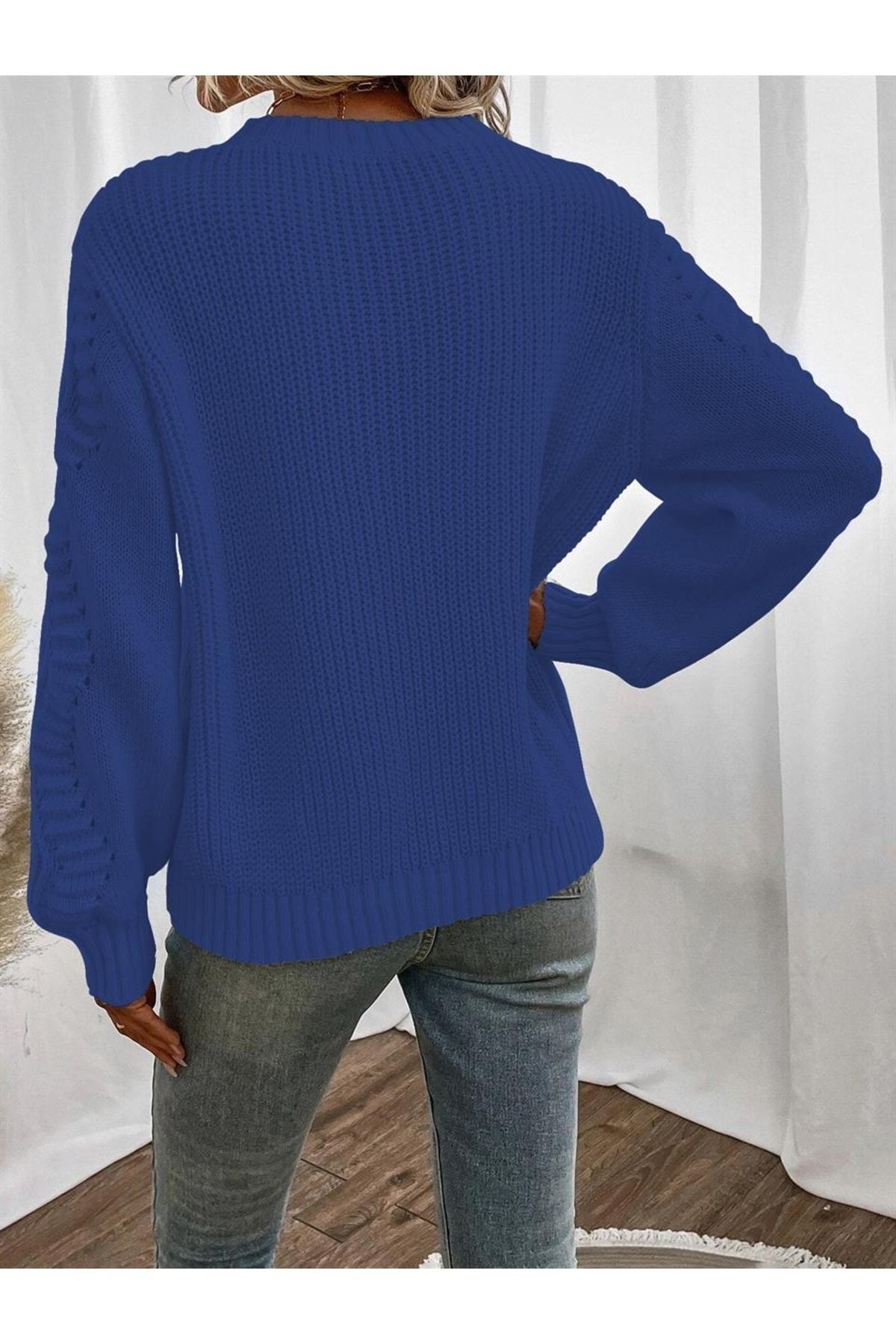 موتیف آستین بافتنی تسالونیکی یقه گرد ژاکت بافتنی آبی ساکس