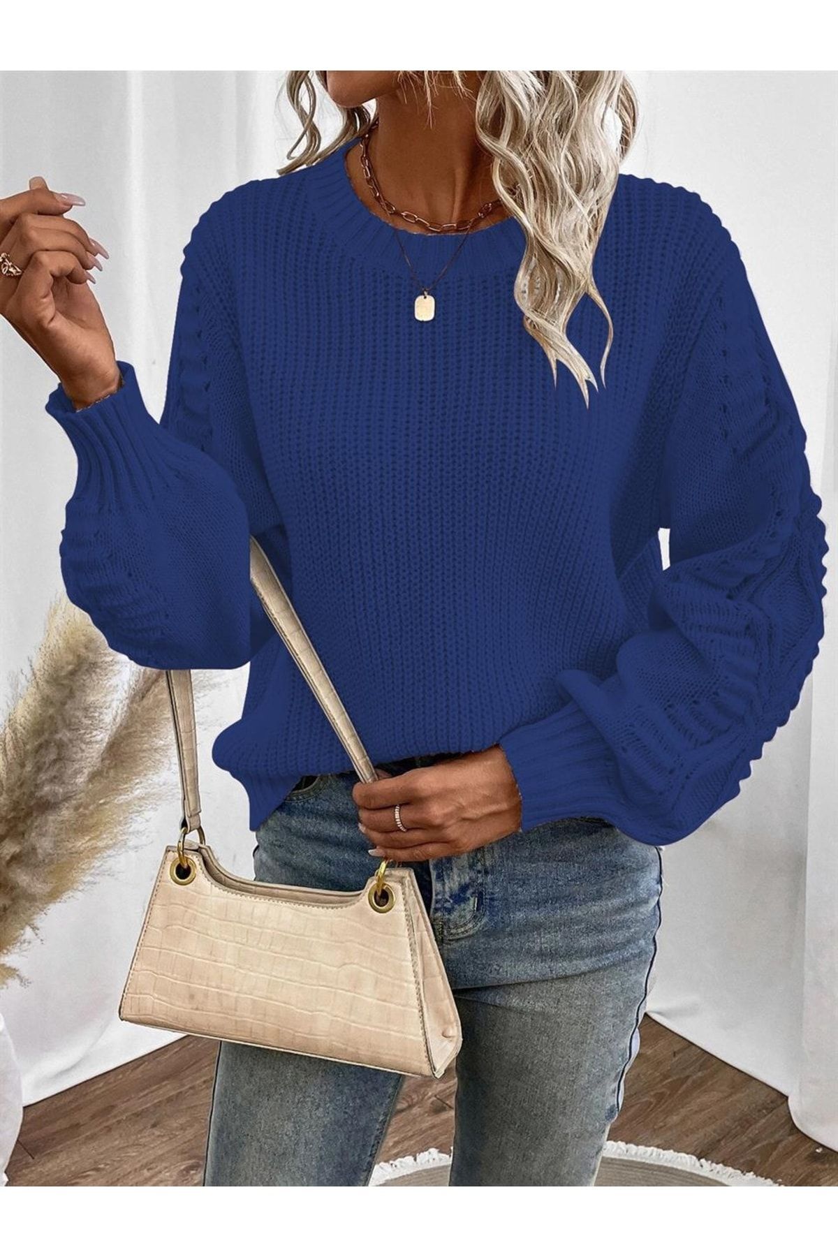 موتیف آستین بافتنی تسالونیکی یقه گرد ژاکت بافتنی آبی ساکس