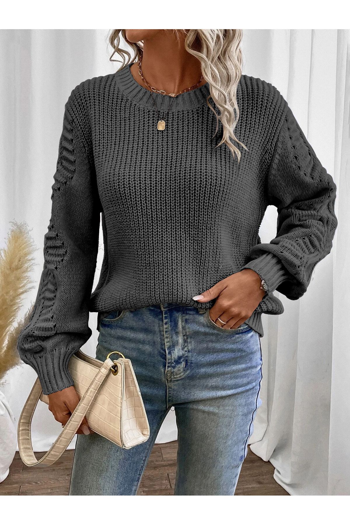 موتیف آستین بافتنی سلانیک یقه گرد ژاکت بافتنی آنتراسیت