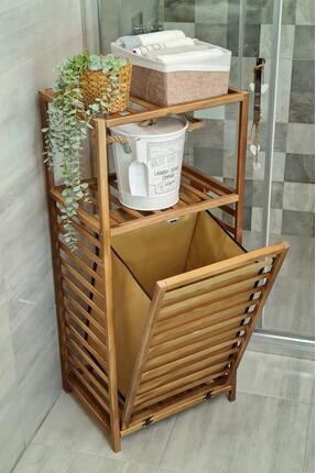 Ceviz Rengi Ahşap Kirli Sepetli Banyo Düzenleyici Raf – Cvz01 C1-1-140 Image 0
