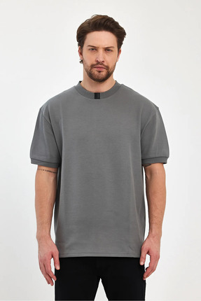 Erkek Açık Haki Bisiklet Yaka Garnili İki İplik % 100 Pamuk Cotton Oversize T-Shirt Image 0