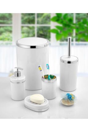 5 Parça Akrilik Gümüş Çizgi Banyo Takımı Yuvarlak Banyo Seti Beyaz Image 0