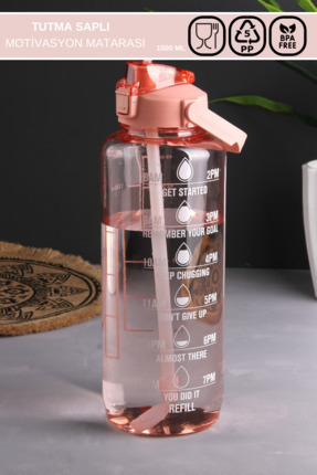 Kapaklı Tutma Saplı 1500 ML Motivasyon Pembe Su Şişesi Image 0