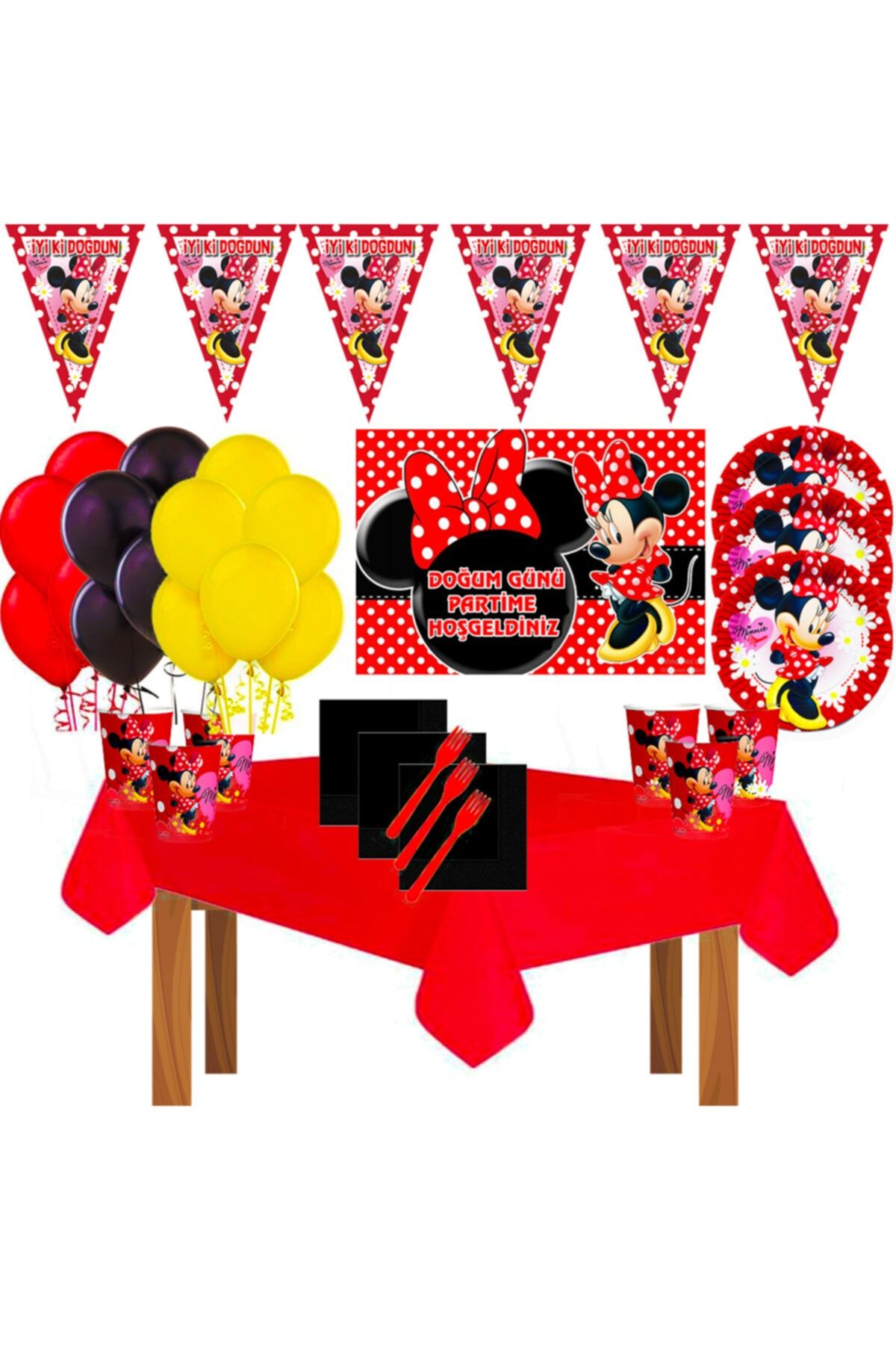 Minnie Mouse Afişli Kırmızı 8 Kişilik Doğum Günü Parti Süsleri Malzemeleri Seti