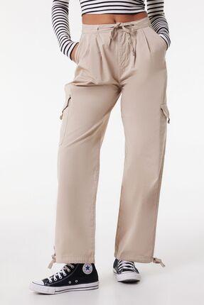 Regular Fit Normal Kesim %100 Pamuk Kargo Cepli Kadın Bej Jogger Pantolon Image 0