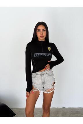Küt Küt Y2K Streetwear Siyah Ferrari Baskılı Beyaz Uzun Kollu Yarım Fermuarlı Crop Image 0