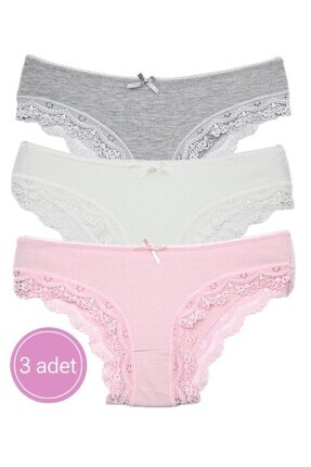 Dantelli Bikini Pembe, Gri, Ekru 3 Adet Image 0