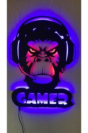 Ledli Gamer Maymun Ahşap Duvar Tablosu - Gamer Dekor - Yayıncı Dekoru Image 0