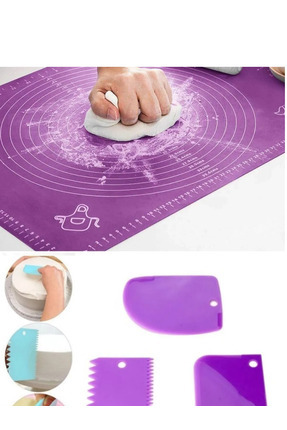Silikon Hamur Açma Matı Ölçekli Hamur Açma Altlığı Ve 3'lü Hamur Kesici Kazıyıcı Dekoratör Set Image 0