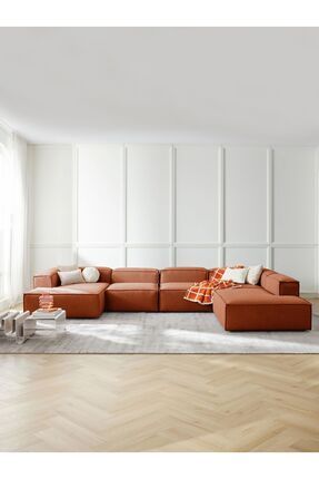 5 ماژول مبل ماژولار پوفیدیک XL ست کاناپه گوشه ای سمت راست، پارچه کتان آجری