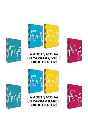 Spiralli Plastik Kapak Şato 80 Yaprak 8'li Defter Seti (4 ADET ÇİZGİLİ-4 ADET KARELİ) Image 0