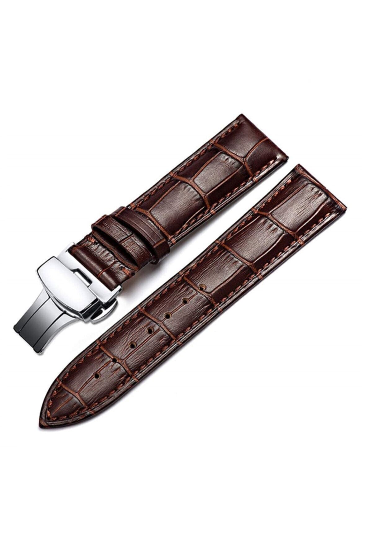 Seiko 24mm Saat Uyumlu Kahverengi Renk Çelik Klipsli Hakiki Deri Saat Kordonu Kayışı