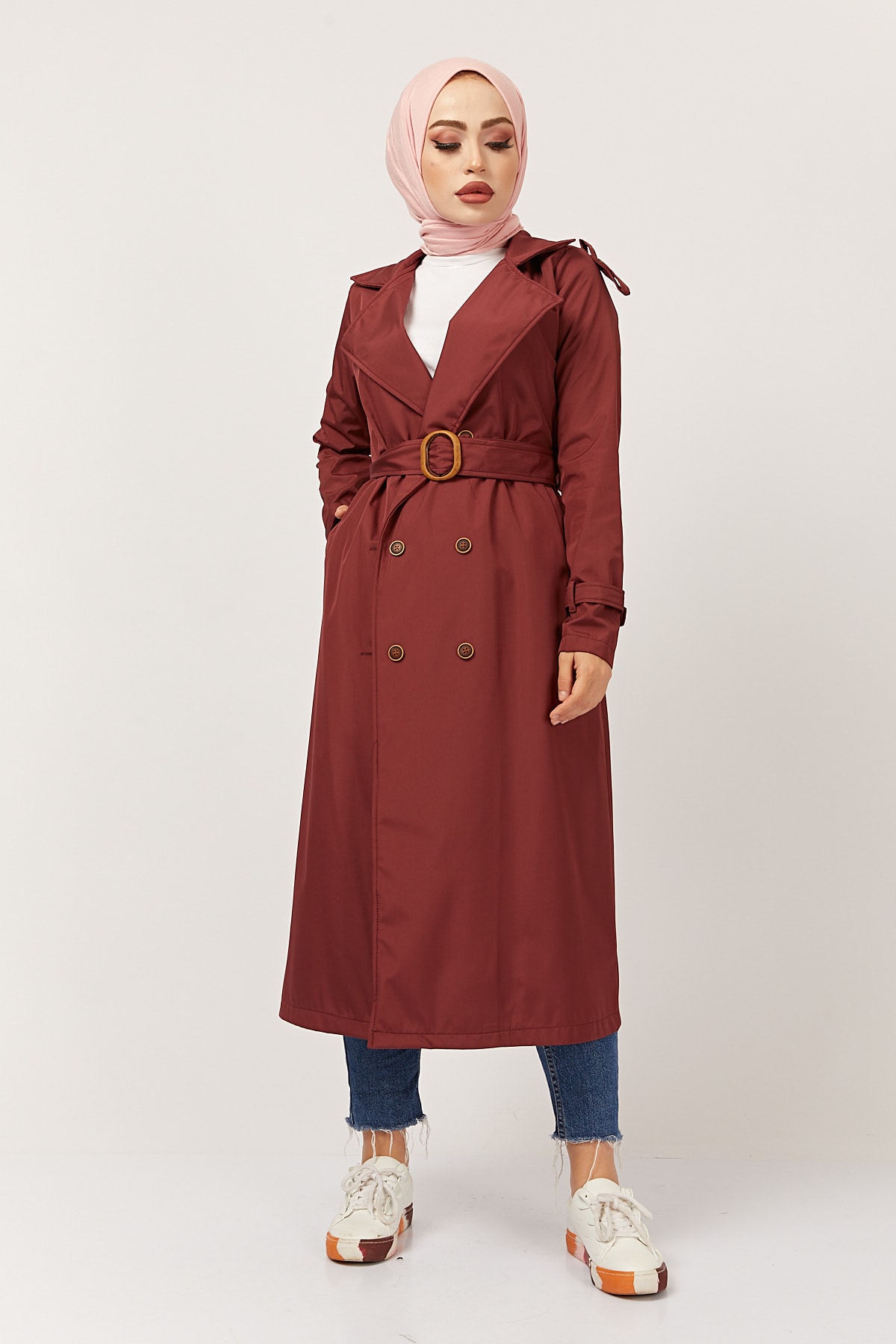 festmoda Kadın Bordo Çift Sıra Düğmeli Kuşaklı Trençkot