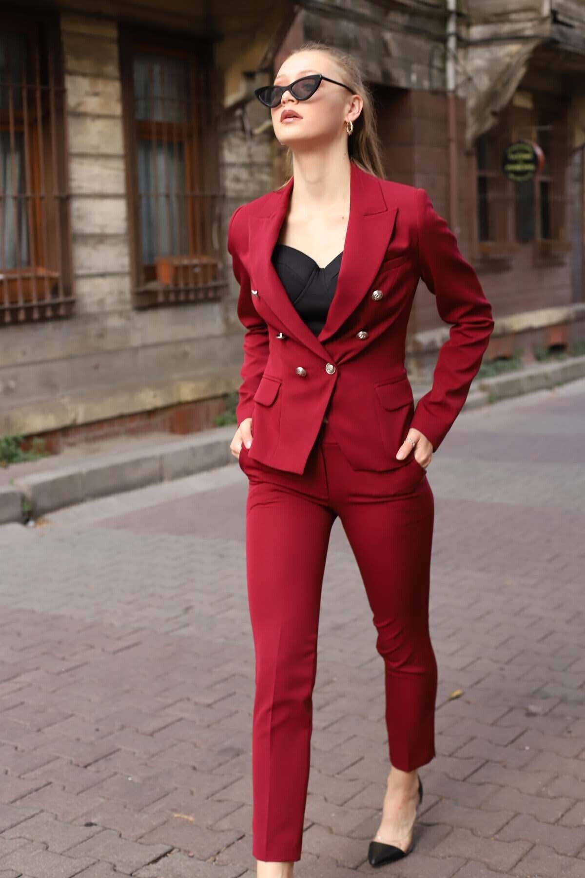 Mangosteen Kadin Bordo Ceket Pantolon Takim Elbise Trendyol