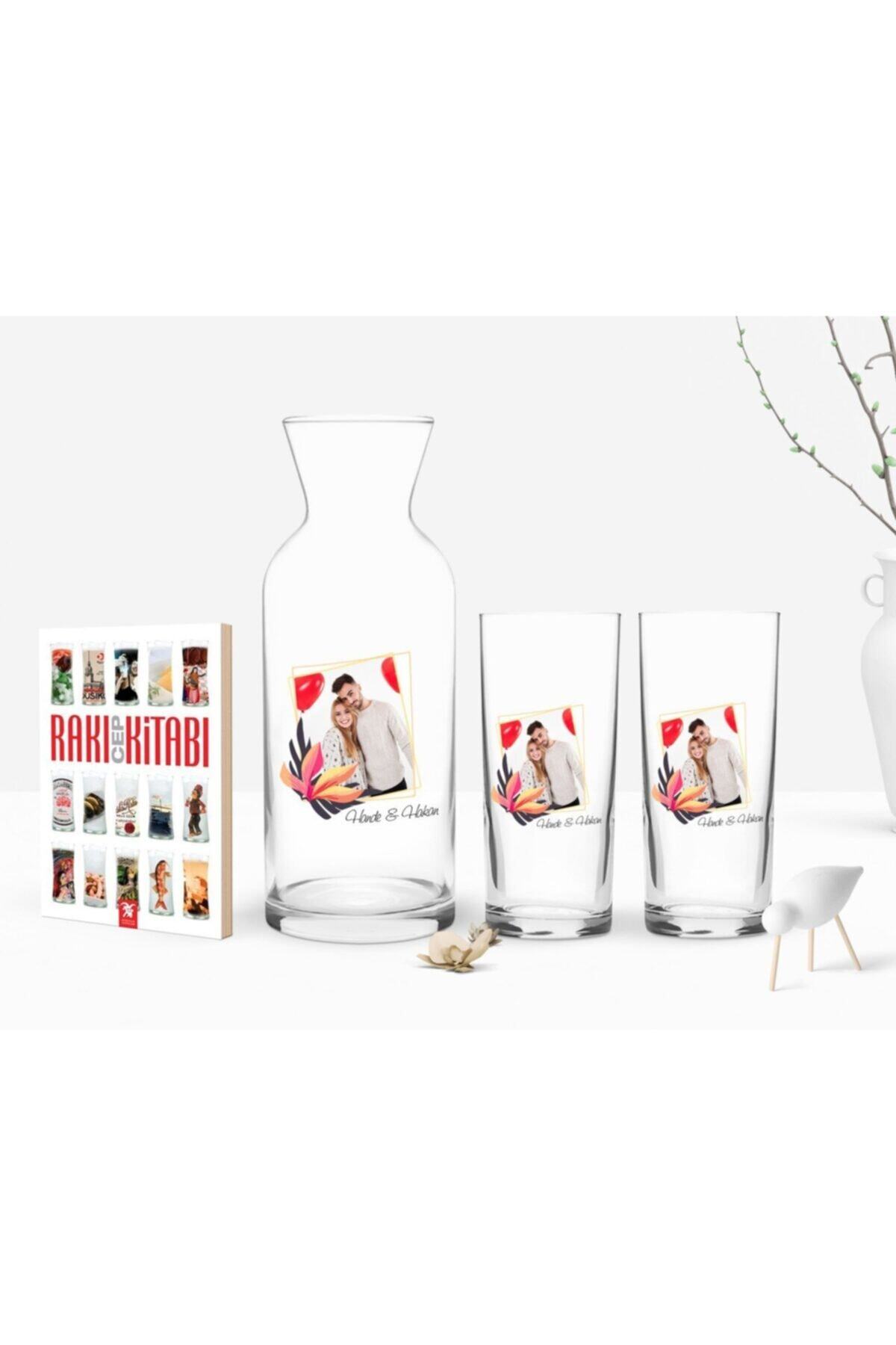 BK Kişiye Özel Renkli Baskılı Isimli Fotoğraflı Ikili Rakı Bardağı Karaf ve Cep Kitabı Hediye Seti-27