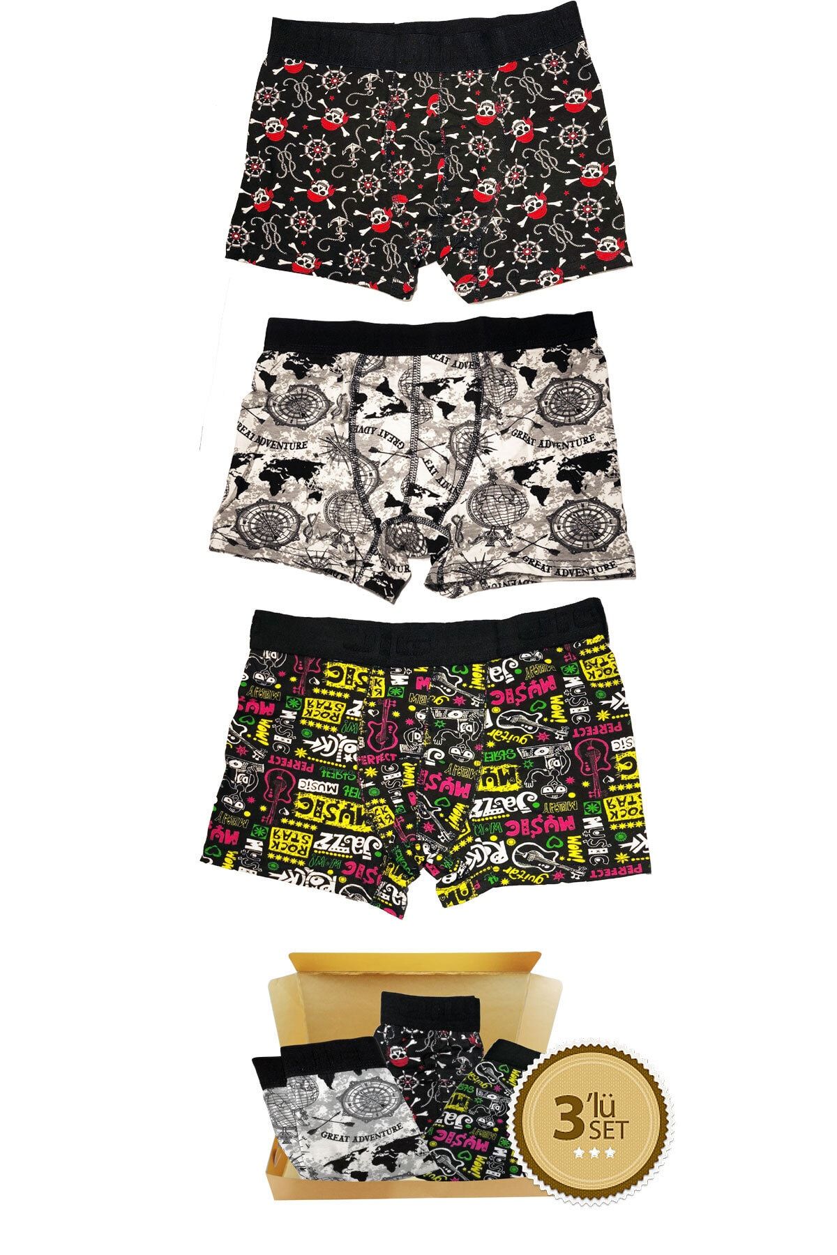 TEET Erkek Siyah  Boxer Pamuklu Karışık Desen 3 Lü