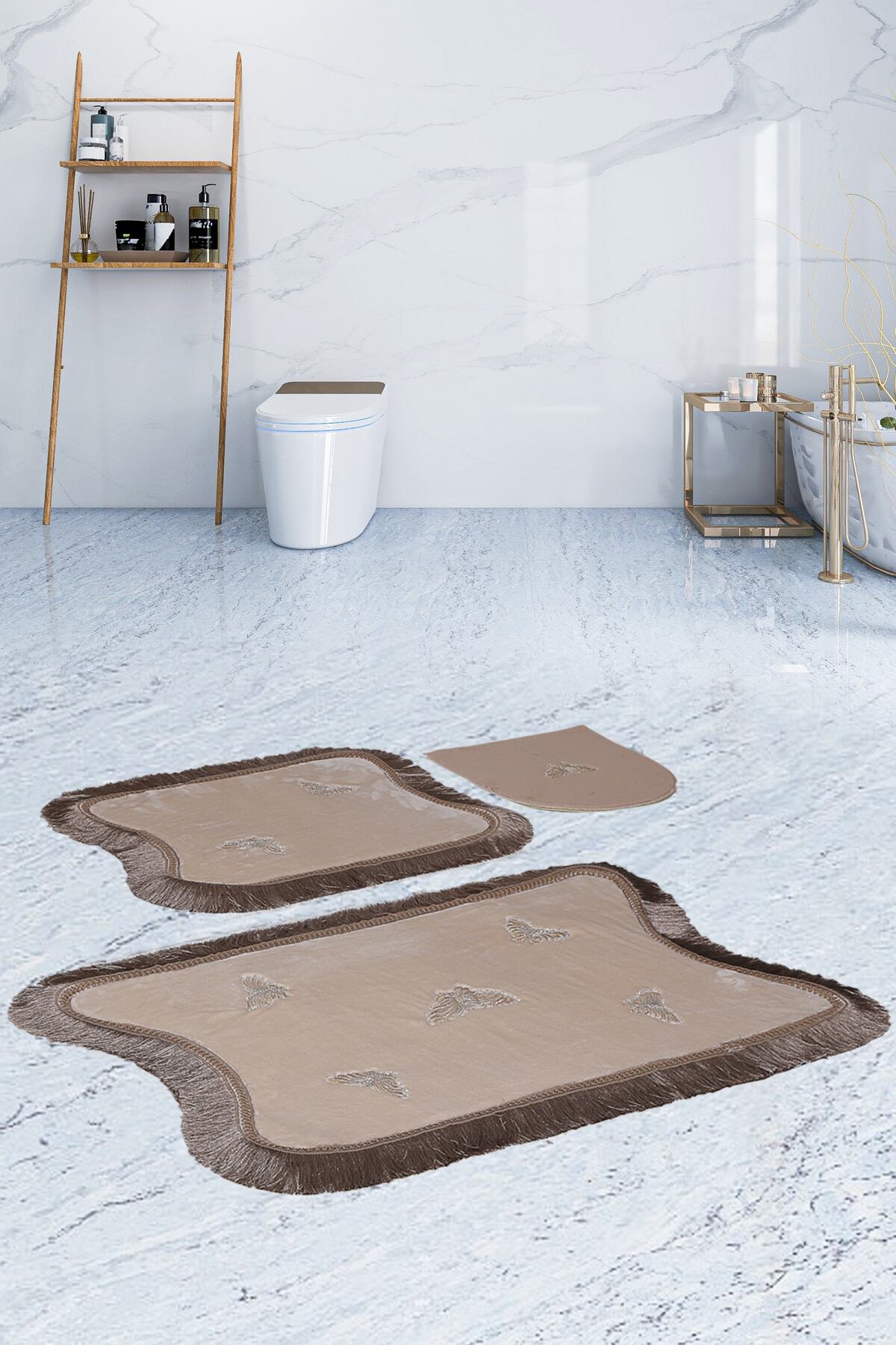 Bonny Home Kelebek Dantelli Vizon 3'lü Banyo Paspası Seti Kaymaz Tabanlı Çeyizlik Klozet Takımı