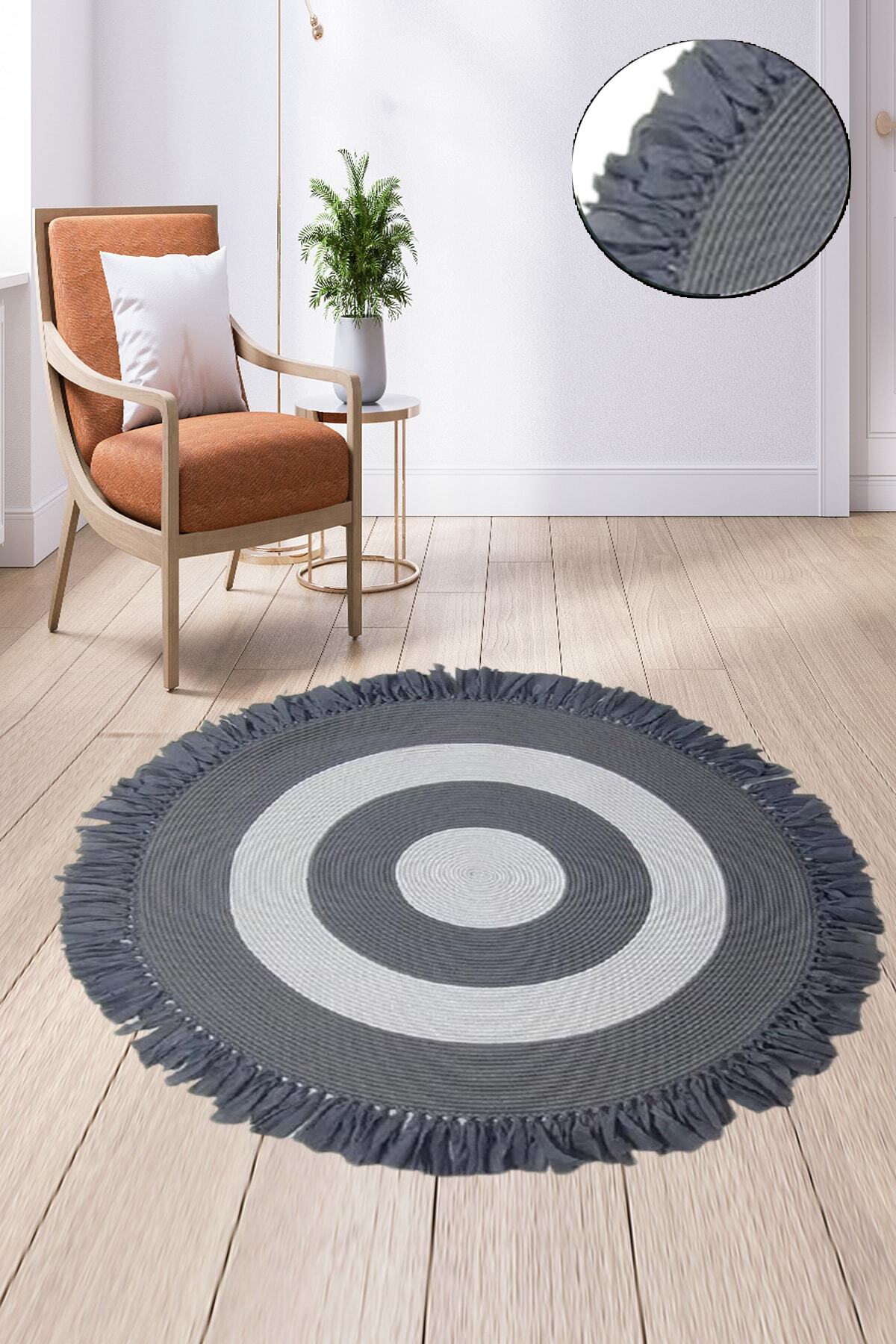 Else Halı Else Gri Beyaz Dekoratif Yuvarlak El Örgü Doğal Hasır Halı Sisal Jüt Kilim Yolluk No225