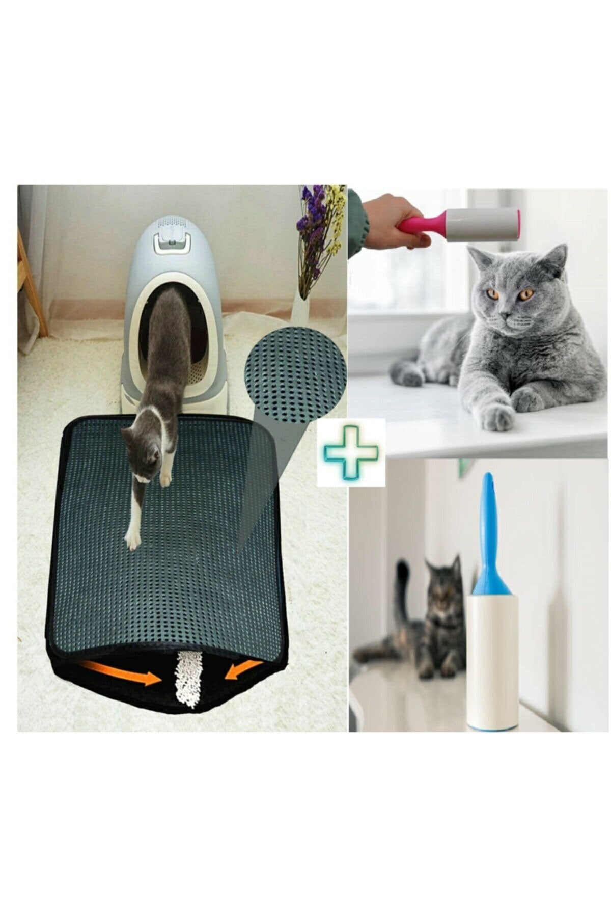 SRS CENTER Elekli Kedi Kumu Paspası + Tüy Toplama Rulosu Hediye