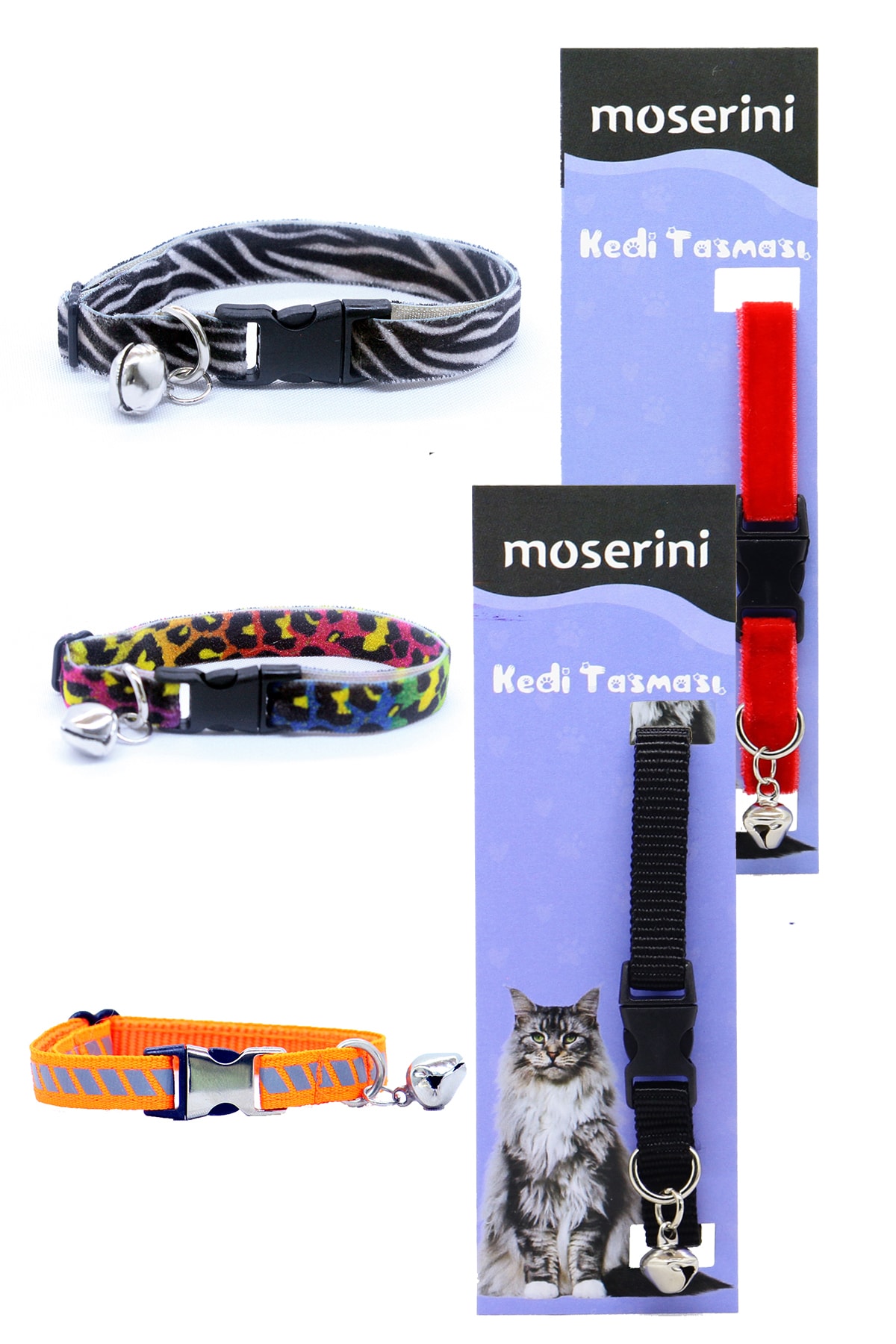 Moserini Platinium Kedi 5'li Tasma Seti 5 In 1 Reflektörlü Zilli  Lastikli  Kadife Ayarlanabilir Tasma