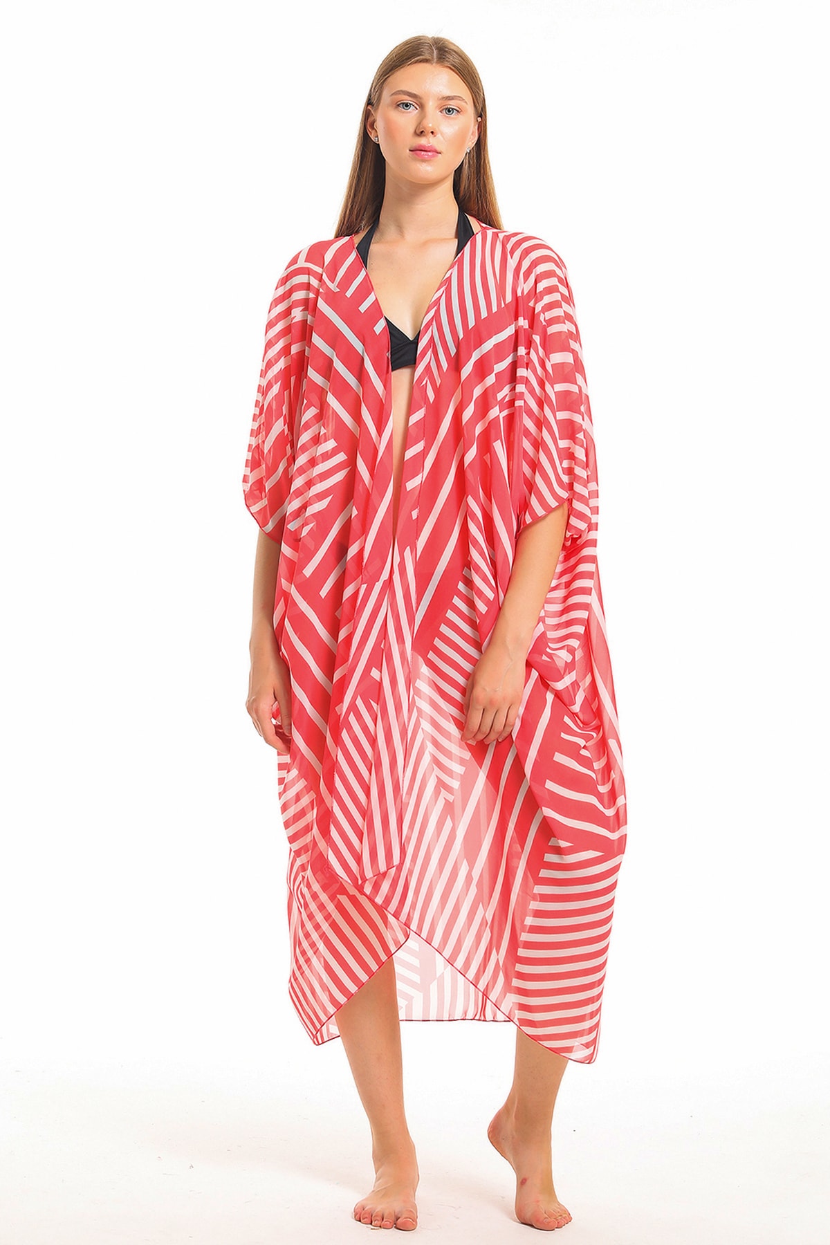 Sense Şifon Plaj Kimono Elb33597 Fuşya Çizgili