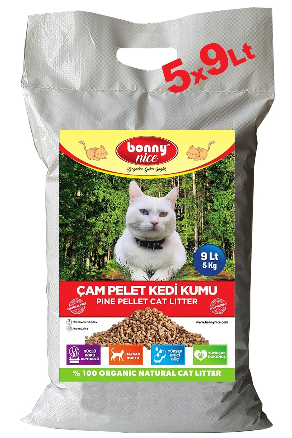Bonny Nice Doğal Pellet Çam Peleti Kedi Kumu 5 Kg 9 L X 5 Paket