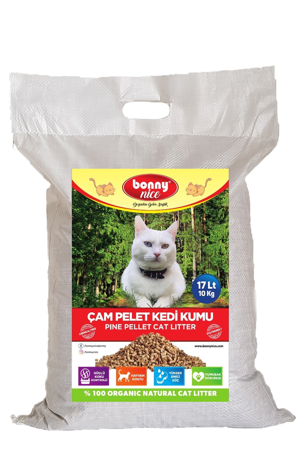 Bonny Nice Doğal Pellet Çam Peleti Kedi Kumu 10 kg 17 l X 10 Paket