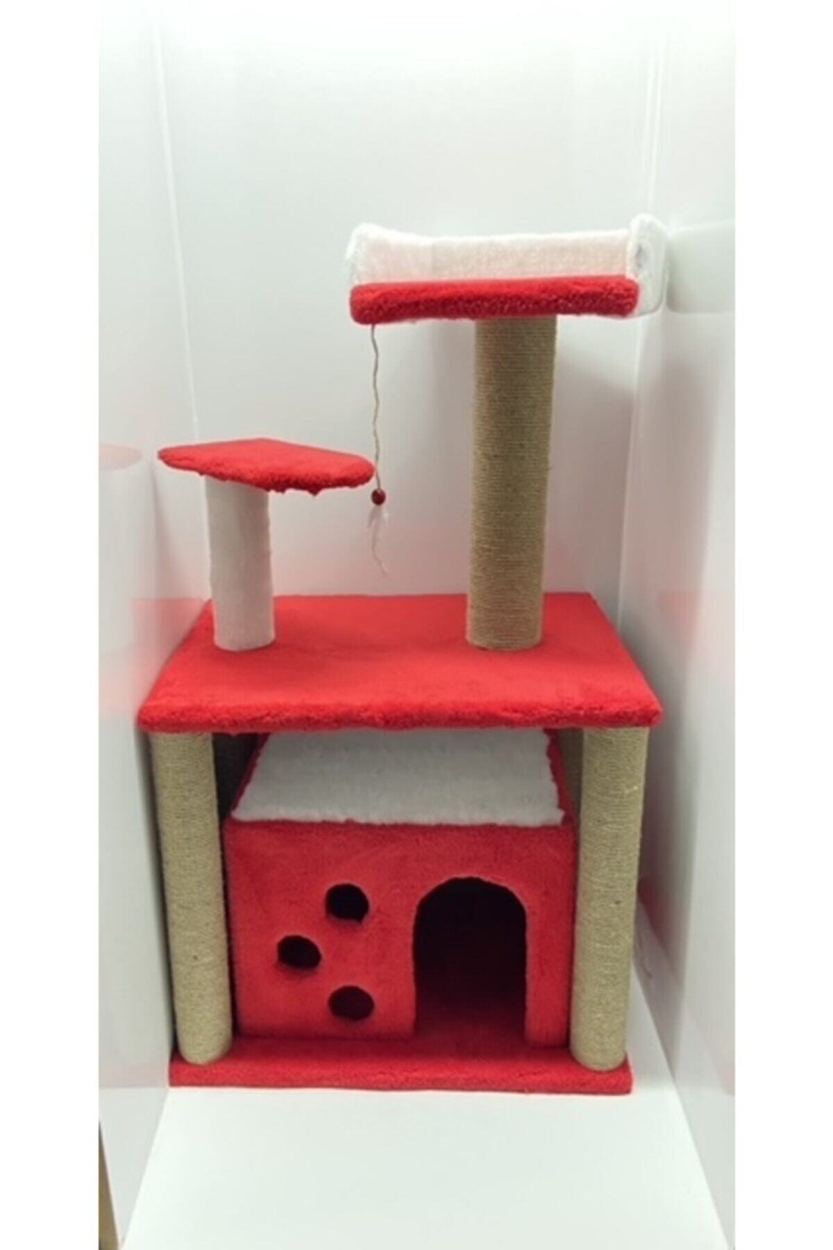 cathauses Kedi Evi, Tırmalamalı, Peluş Kumaş, Kırmızı