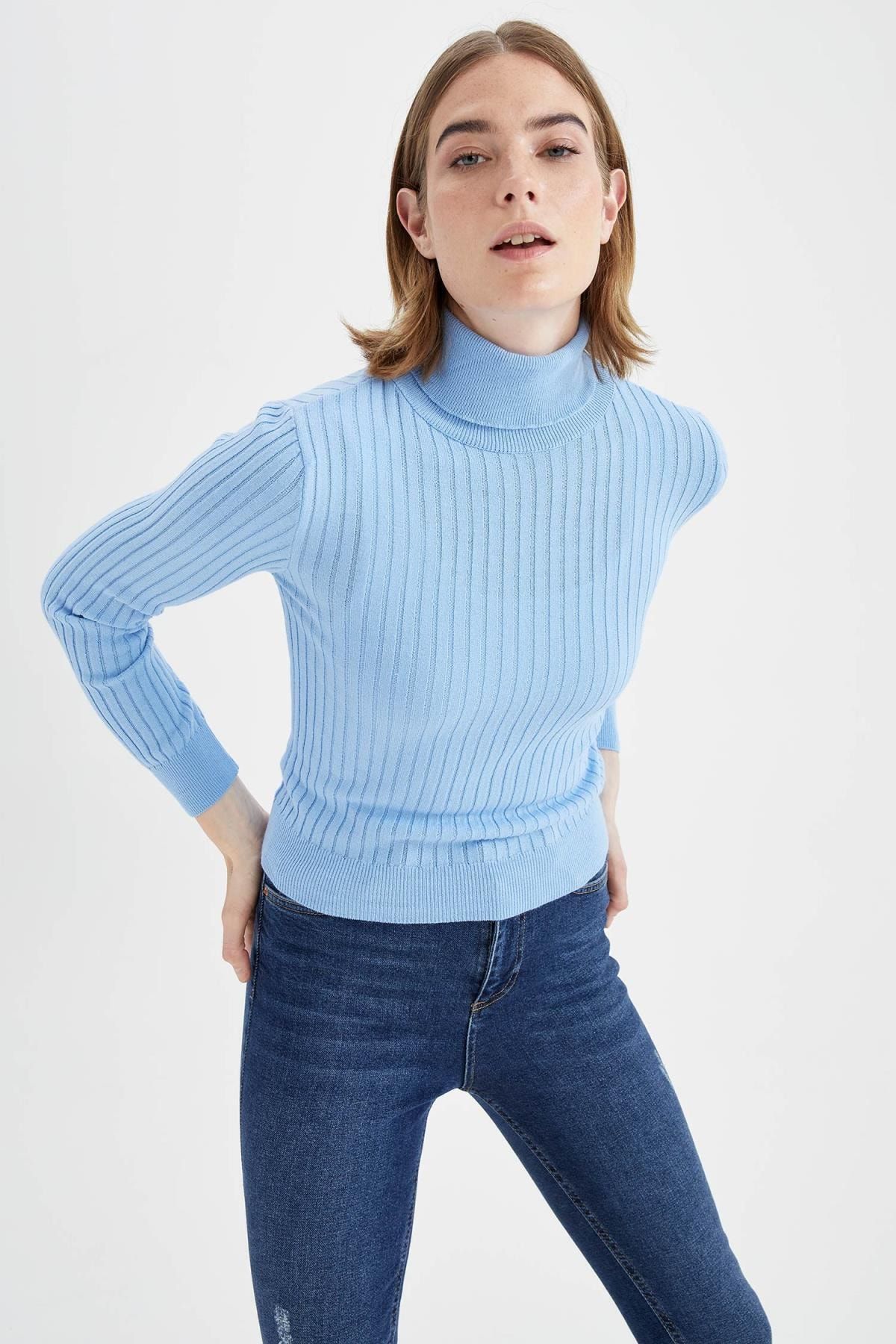 DeFacto Kadın Mavi Basic Balıkçı Yaka Slim Fit Triko Kazak T0271AZ21AU