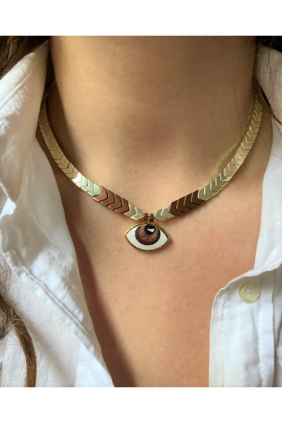 floom jewelry Kahverengi Göz Detaylı Gold Kahve Hematit Kolye
