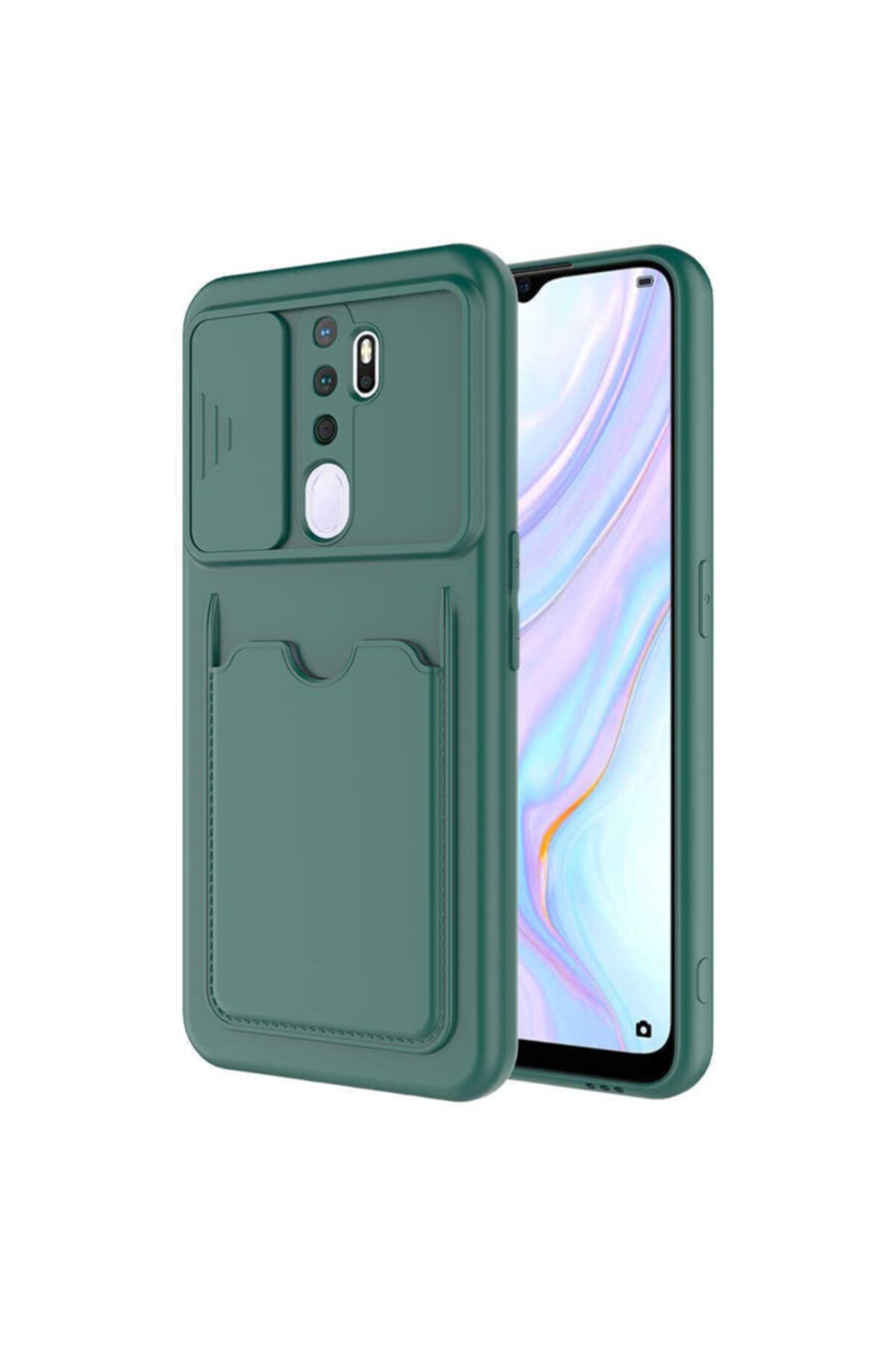 OPPO A9 2020 Kılıf Slayt Sürgülü Kamera Korumalı Kartlıklı Kart Bölmeli Pastel Renkli