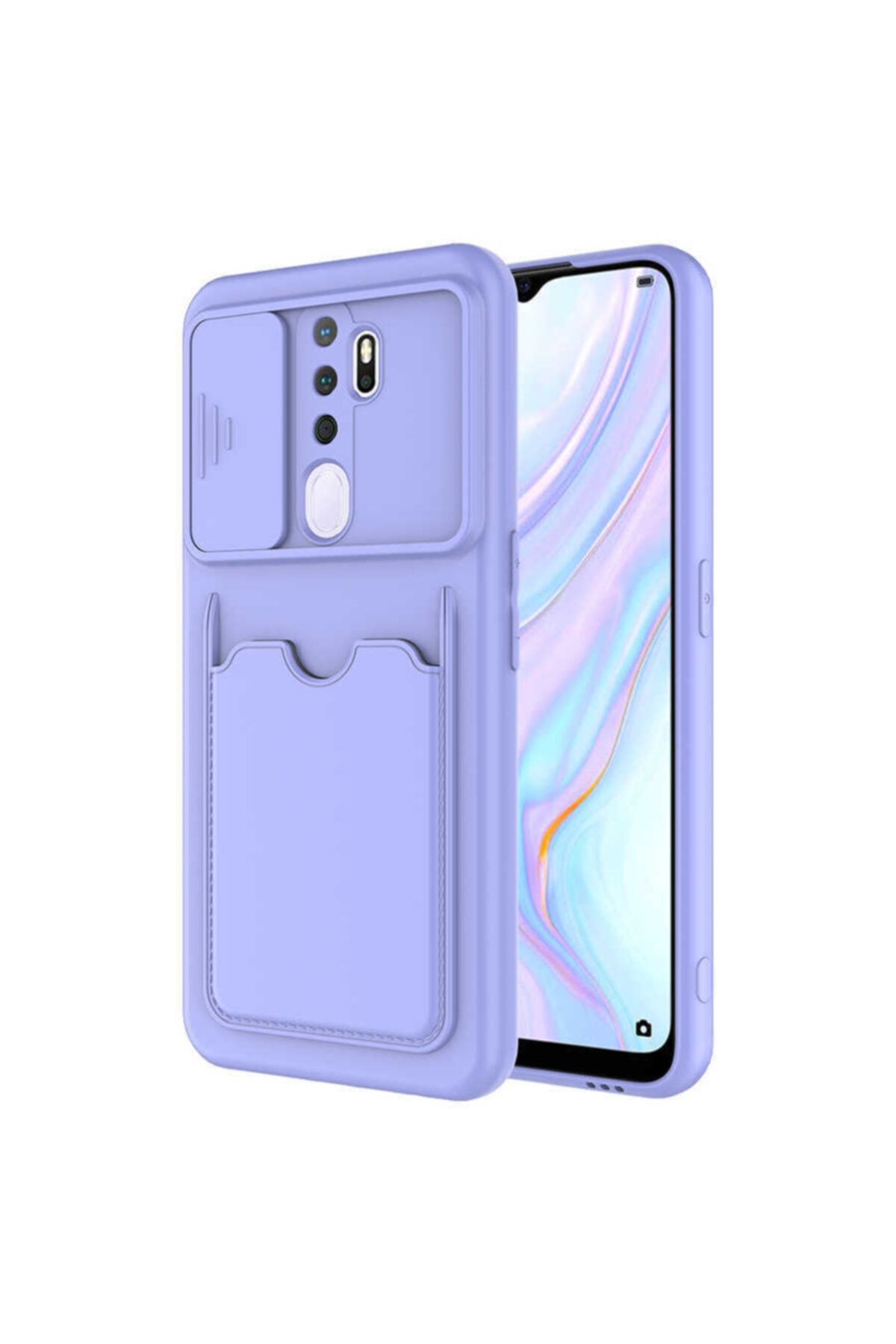 OPPO A5 2020 Kılıf Slayt Sürgülü Kamera Korumalı Kartlıklı Kart Bölmeli Pastel Renkli