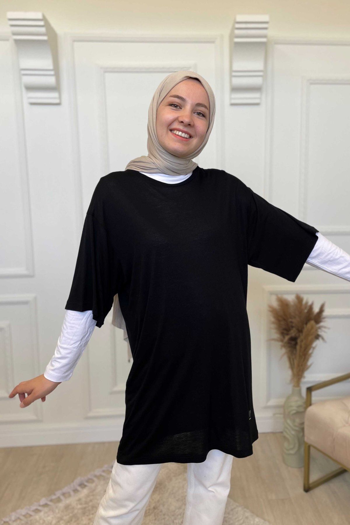 Plistre Kadın Kısa Kollu Oversize Basic T-shirt Siyah