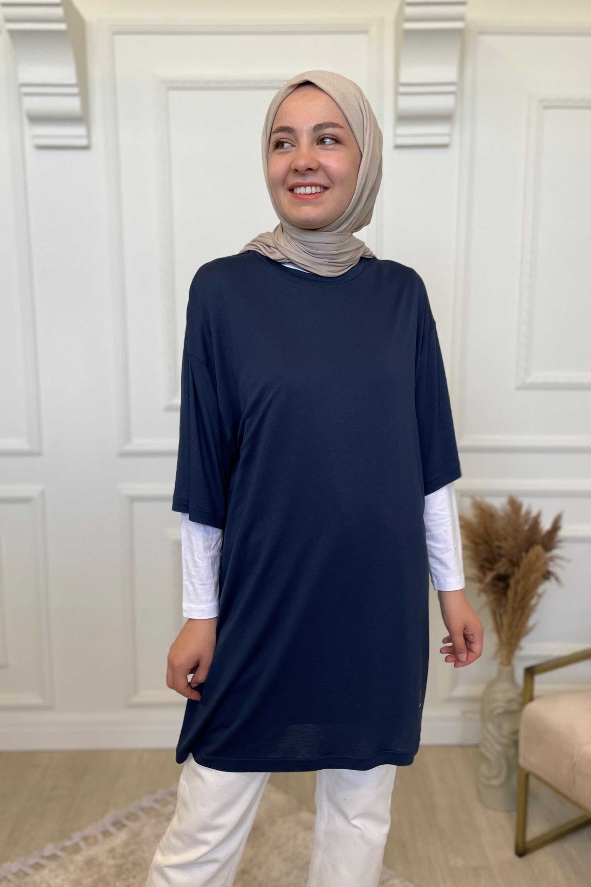 Plistre Kısa Kollu Oversize Basic T-shirt Koyu Lacivert