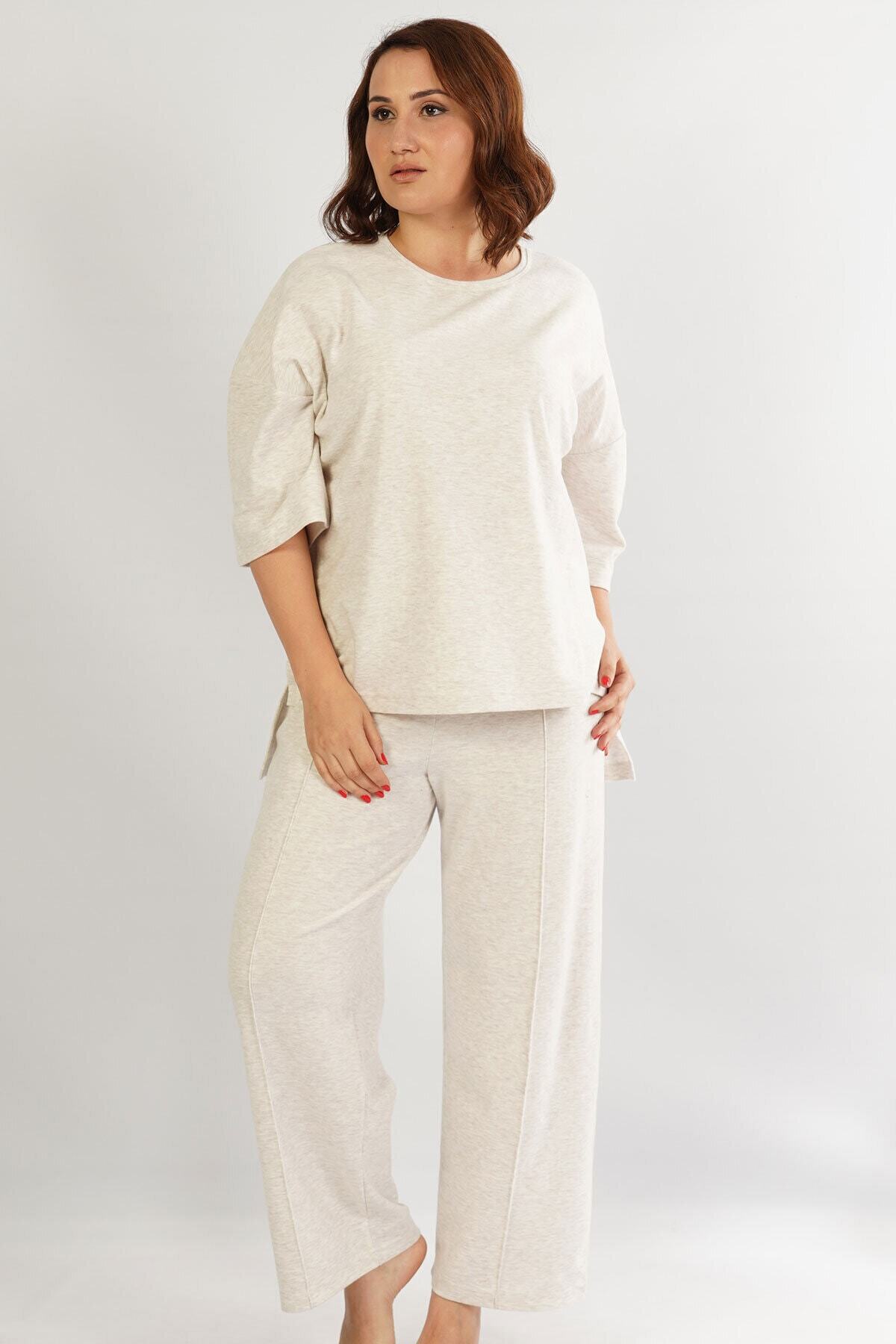 VİENETTA Kadın Lycralı Worteks Kısa Kol Büyük Beden Bej Pijama Takım