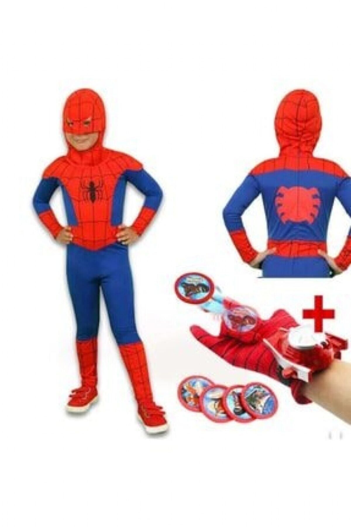 PopŞeker Spiderman Kostüm + Disk Atan Spiderman Eldiven Örümcek Adam Kostüm