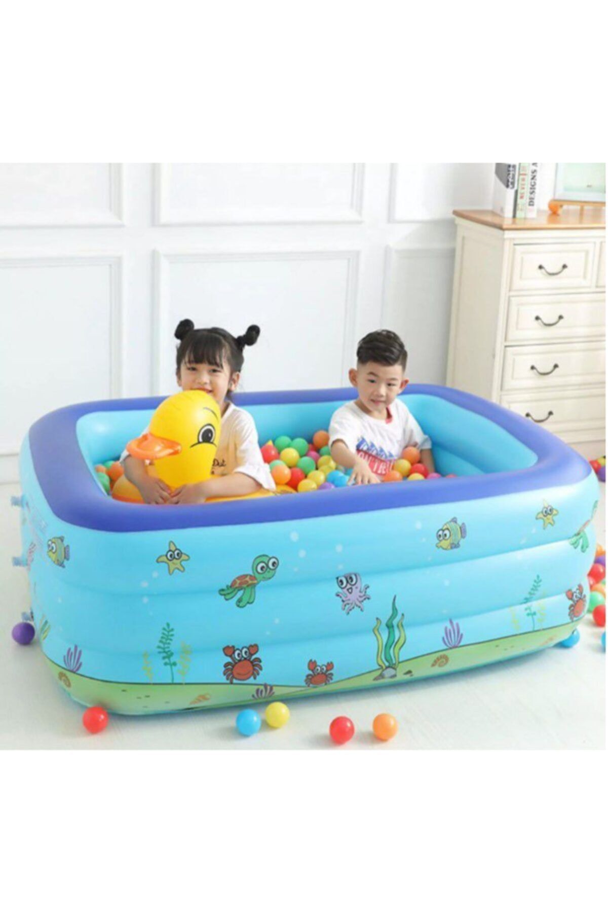 yakpen Şişme Havuz 3 Tabanlı Dikdörtgen Havuz Çocuk Şişme Havuzu 130x90x48cm Pompalı