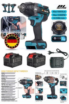 ALMAN V598 15 PİLLİ ÇİFT AKÜLÜ 1000 NM KADEMELİ SOMUN ARAÇ BİJON SÖKME TORKLU SOMUN SÖKME MAKİNESİ Image 0