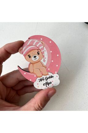 20adet Magnet Ambalajlı Ay Üstünde Oturan Kız - Erkek Ayıcık Ahşap Baskı Magnet Pembe Image 0