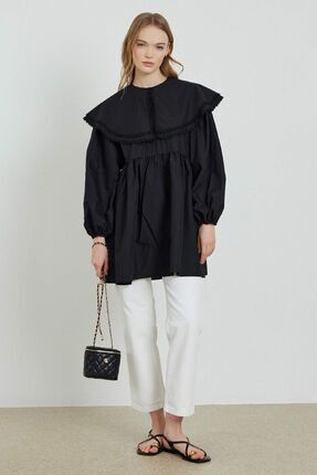 Yakalı Siyah Poplin Tunik Image 0
