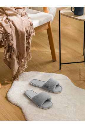 LCW HOME Açık Gri Düz Pelüş Kadın Ev Terliği Image 0