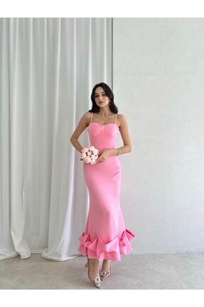 Pembe Etek Ucu Asimetrik Kıvrımlı Midi Boy Elbise Image 0
