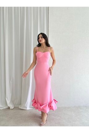 Pembe Etek Ucu Asimetrik Kıvrımlı Midi Boy Elbise Image 1