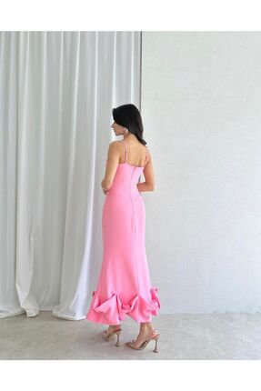 Pembe Etek Ucu Asimetrik Kıvrımlı Midi Boy Elbise Image 2