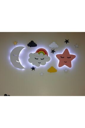 Çocuk Odası Dekoratif Ahşap Ay Gökkuşağı Bulut Yıldız Gece Lambası Ledli Aydınlatma Image 0