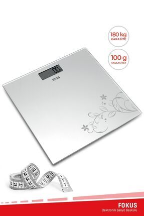 Fokus 180kg Kapasiteli 5mm Dayanıklı Temper Camlı Beyaz Desenli Dijital Baskül Tartı Beyaz Image 0