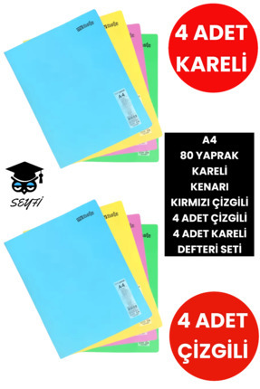 8 adet a4 80 yaprak kareli defter 4 adet çizgili 4 adet kareli plastik kapak defter telsiz Image 0
