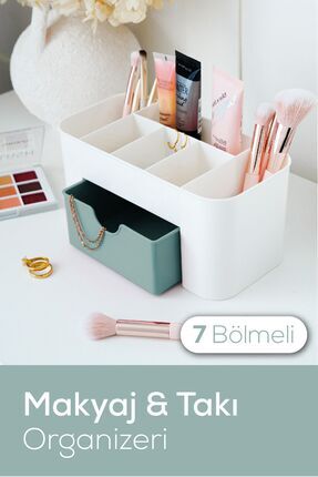 7 Bölmeli Çekmeceli Makyaj Takı Organizeri - Masaüstü Düzenleyici Mint Image 0