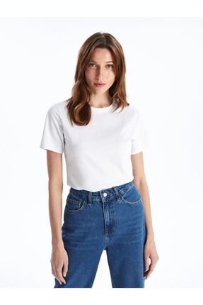 LCWAIKIKI Basic Buxe Beyazı Bisiklet Yaka Düz Kısa Kollu Kadın Tişört Image 2
